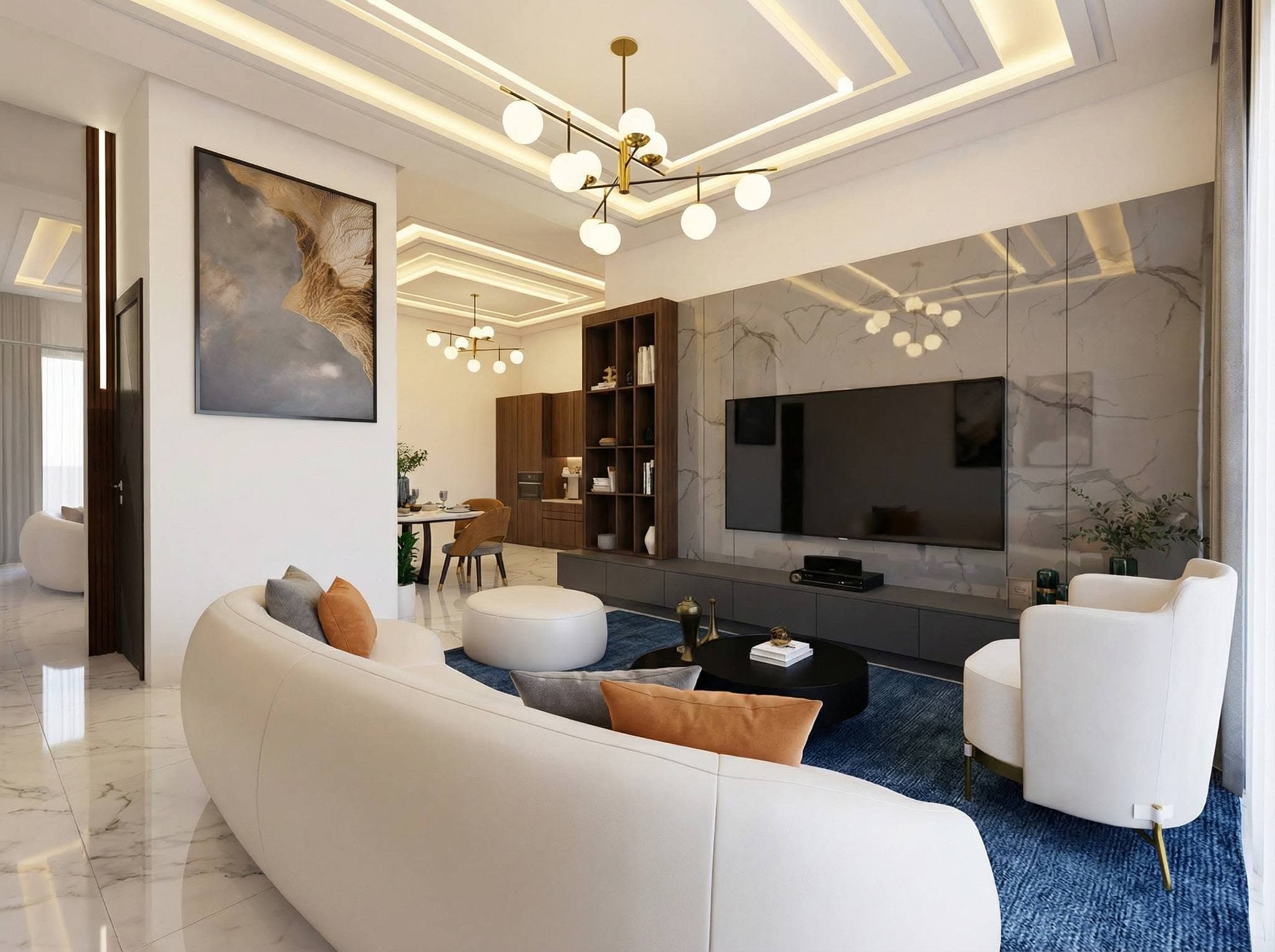 Refined open-plan living room interior with marble feature wall